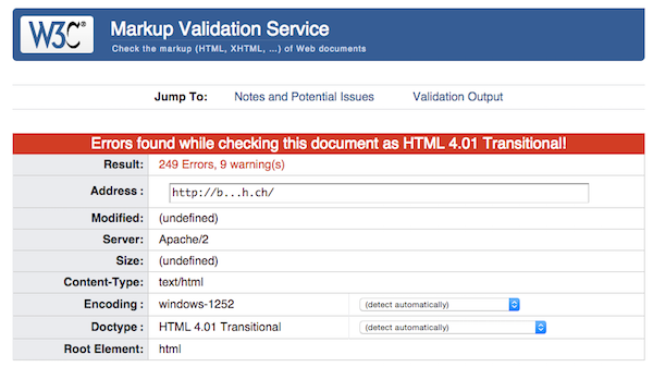 Screen-Shot des Markup Validation Service zeigt ein Beispiel mit 249 Fehlern